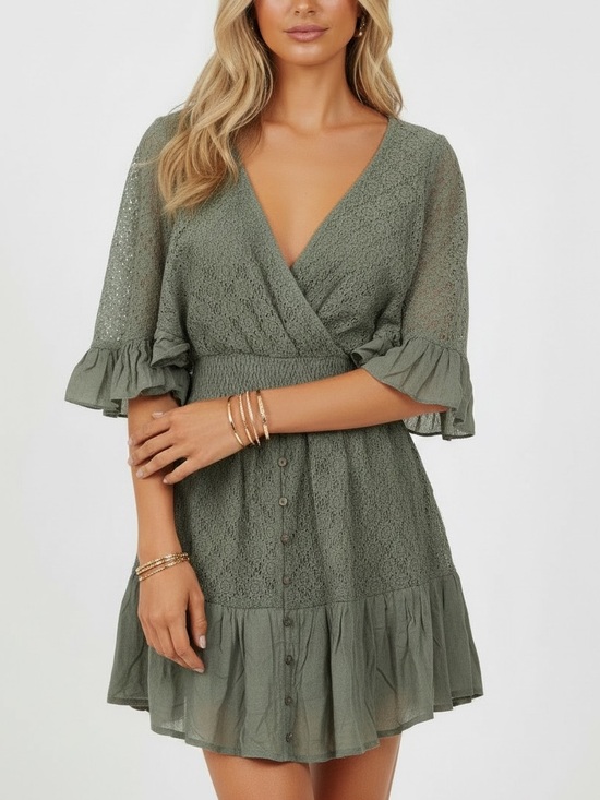 easel Pants - NWT EASEL Lace Detail V-Neck Tie Back Flowy Sleeve Romper Size Small